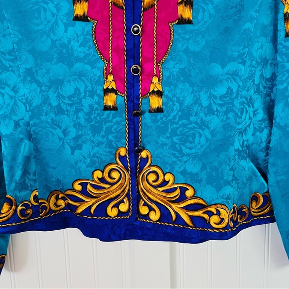Vintage Silk Flashy 80's Blouse Shoulder Pads Versace Style Purple Teal Size 12 - Picture 4 of 8